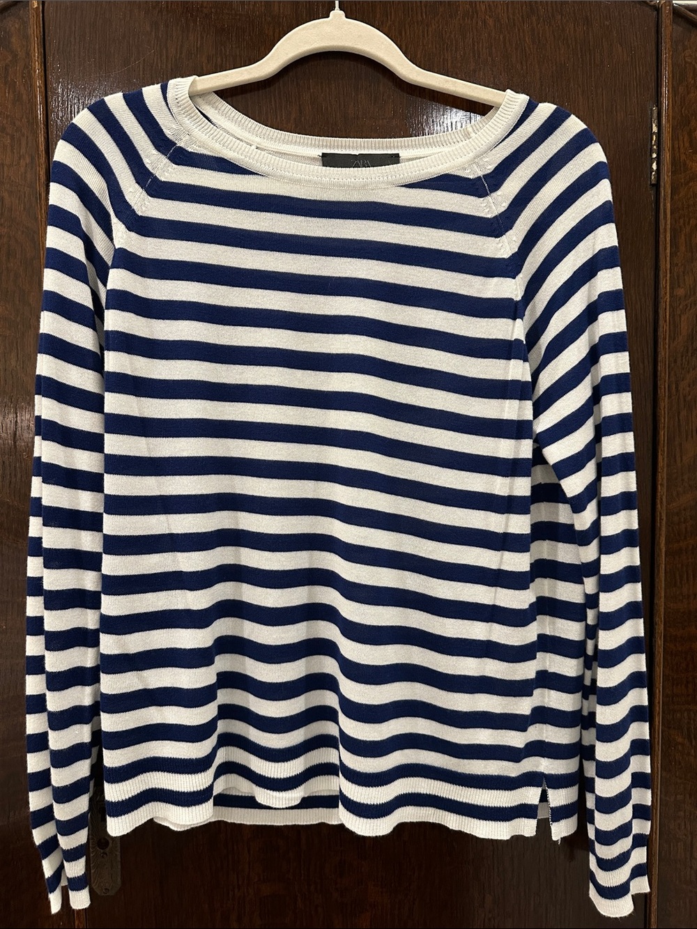 Zara Navy and White Striped Long-Sleeve Boatneck Top